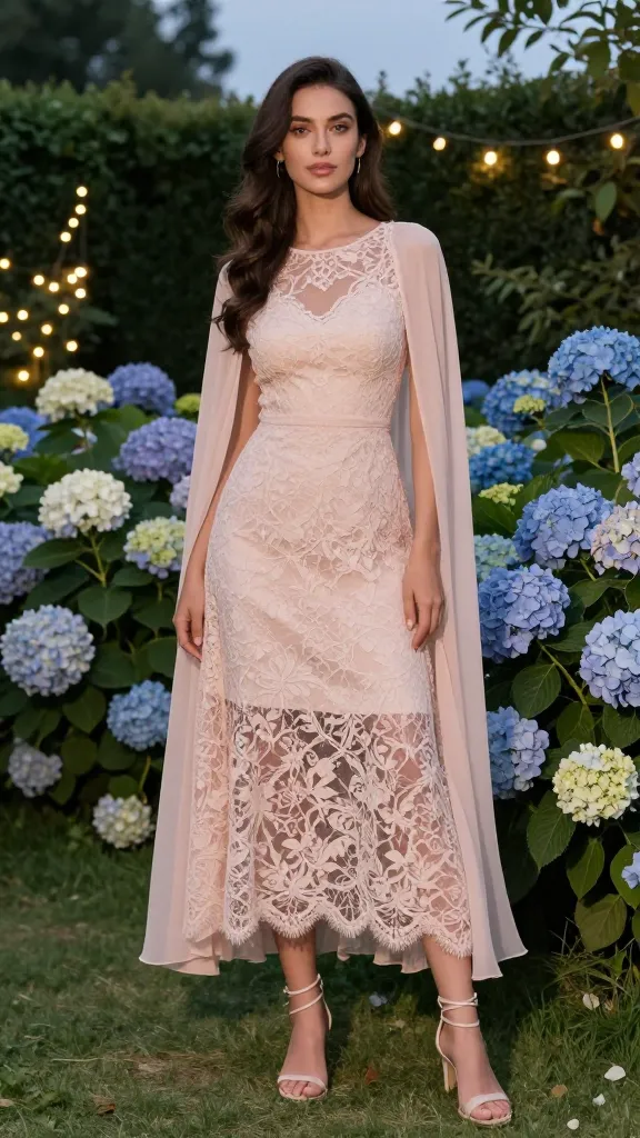 Garden soiree look: a flowing lace dress in pastel blush with delicate floral motifs, lightweight chiffon cape, dainty strappy sandals, standing among blooming hydrangeas and fairy lights at dusk.