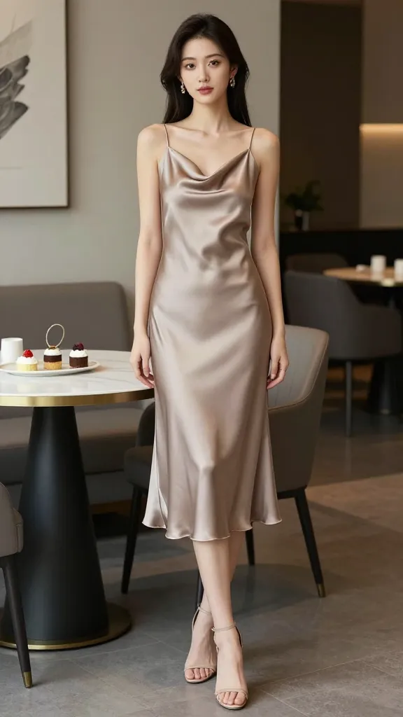 Elegant satin slip dress: knee-length, soft taupe satin with a tasteful cowl neckline, sleek ankle-strap heels, and a poised stance beside a minimalist dessert table at a stylish hotel lounge.