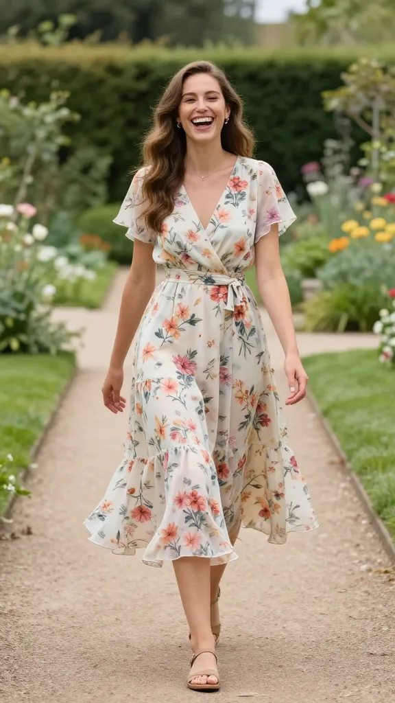 Garden party florals: a midi dress with light floral print and airy chiffon layers, subtle belt at the waist, flat sandals, and a playful, candid laugh while strolling a manicured garden path.