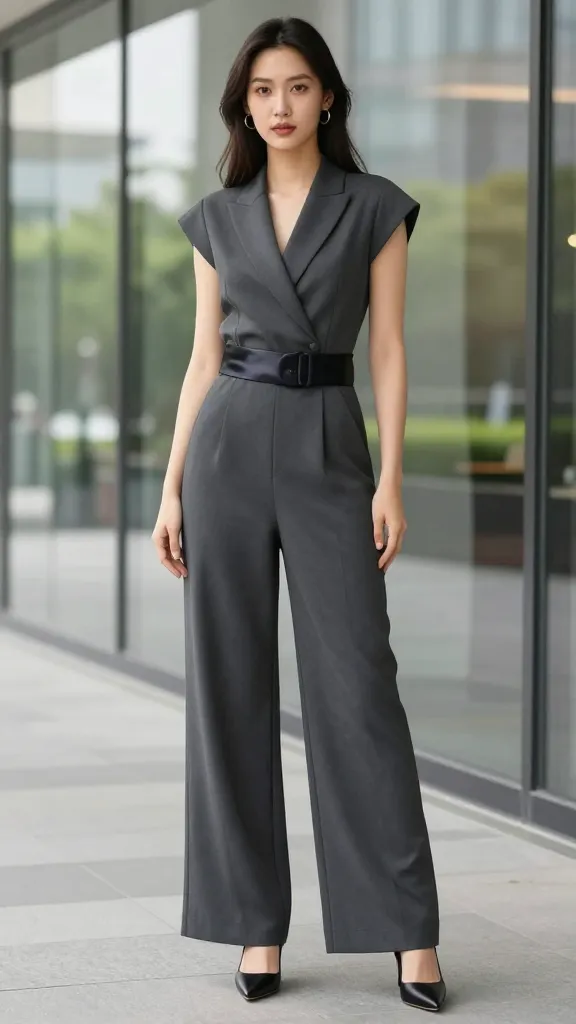 Sophisticated jumpsuit option: a tailored, wide-leg jumpsuit in charcoal with a satin belt, pointed-toe pumps, and a poised, confident pose in a modern venue with glass walls and greenery outside.