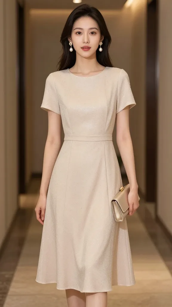 Subtle sparkle without stealing the spotlight: a midi dress in soft champagne with a hint of shimmer, clean lines, pearl earrings, and a restrained clutch, posed in an elegant hallway with warm lighting and a demeanor of quiet excitement.