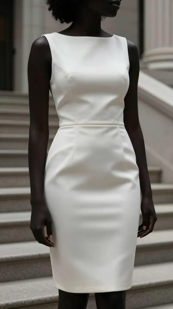 Close-up shot of a bride’s silhouette in a short sheath dress, standing by a courthouse stairwell with modern architecture in the background, showcasing sleek fabric, minimal jewelry, and a poised expression.