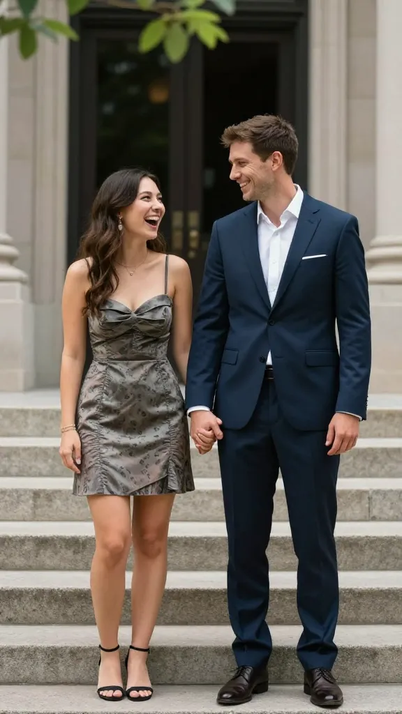 A candid moment of a couple outside the courthouse steps, the bride in a chic short dress and the groom in a smart suit, holding hands, candid laughter, subtle greenery framing the scene.