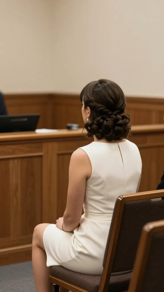 Interior shot of a courthouse ceremony room, focused on a short dress from the back as the bride sits gracefully on a chair, showing ease of movement and a simple, elegant neckline.