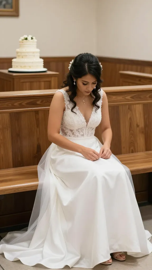 Lifestyle shot of a bride adjusting her dress on a courthouse bench, cake in the background, emphasizing comfort, practicality, and ease of sitting.
