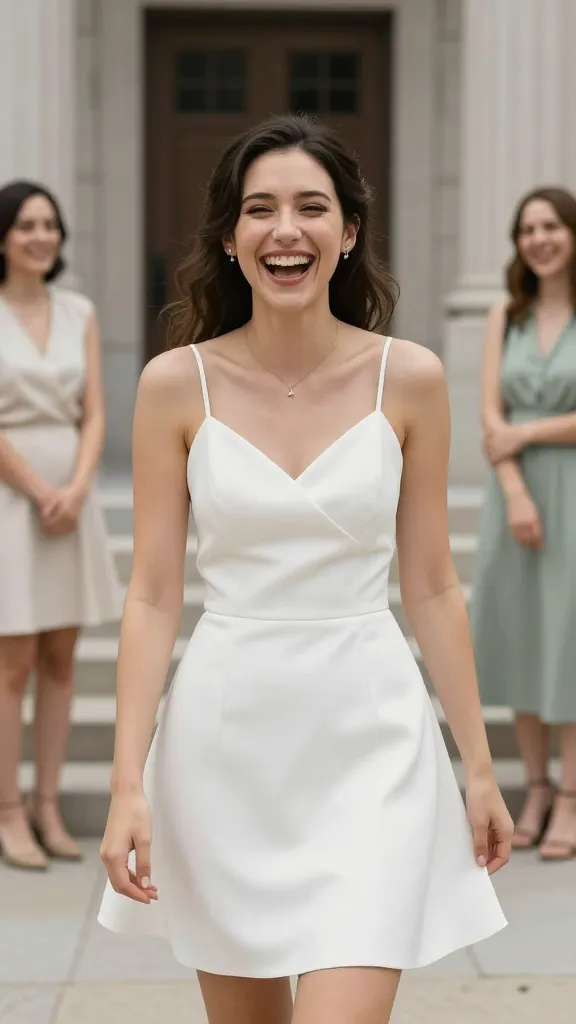Portrait shot of a bride laughing with friends outside the courthouse, short dress swaying, natural makeup, minimal jewelry, and a candid, effortless vibe.