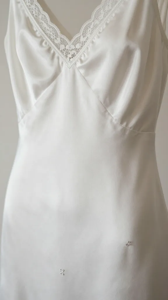 A close-up shot of a minimalist satin slip dress with a delicate lace edge along the neckline, soft natural lighting, and a shallow depth of field focusing on the texture and tiny embroidered detail near the hem.
