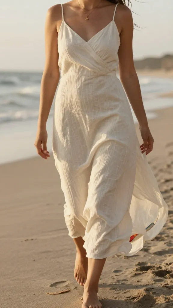 An outdoor elopement scene featuring a lightweight linen slip dress with a sculpted crepe texture, wind catching the fabric, bride barefoot on a beach at golden hour, subtle jewelry, and a hidden, colorful lining peeking from the hem.