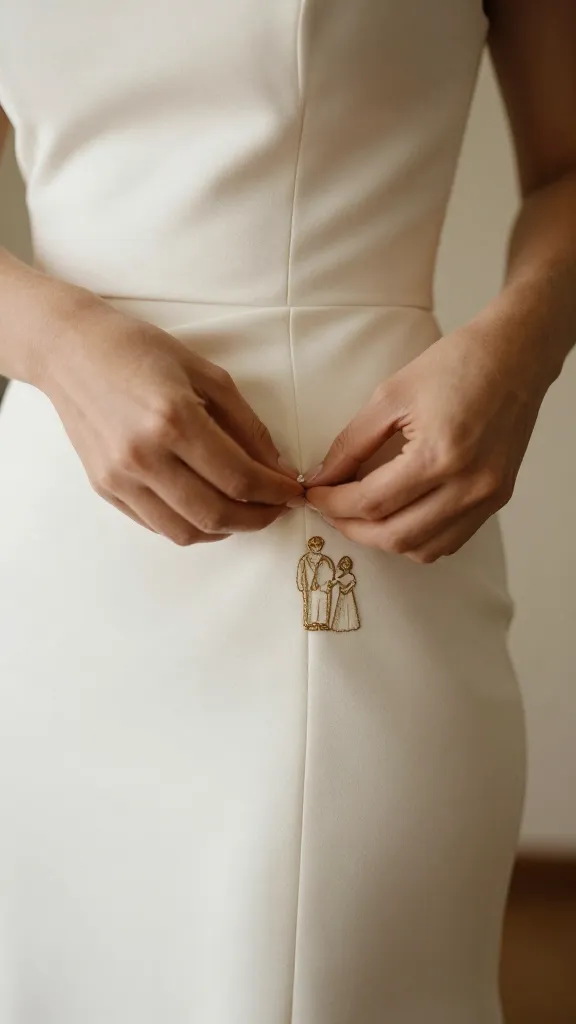 A candid moment of a bride tucking a family heirloom sewn into a seam of her simple dress, studio lighting with a warm tone, fabric texture clearly visible, and no other people in frame.
