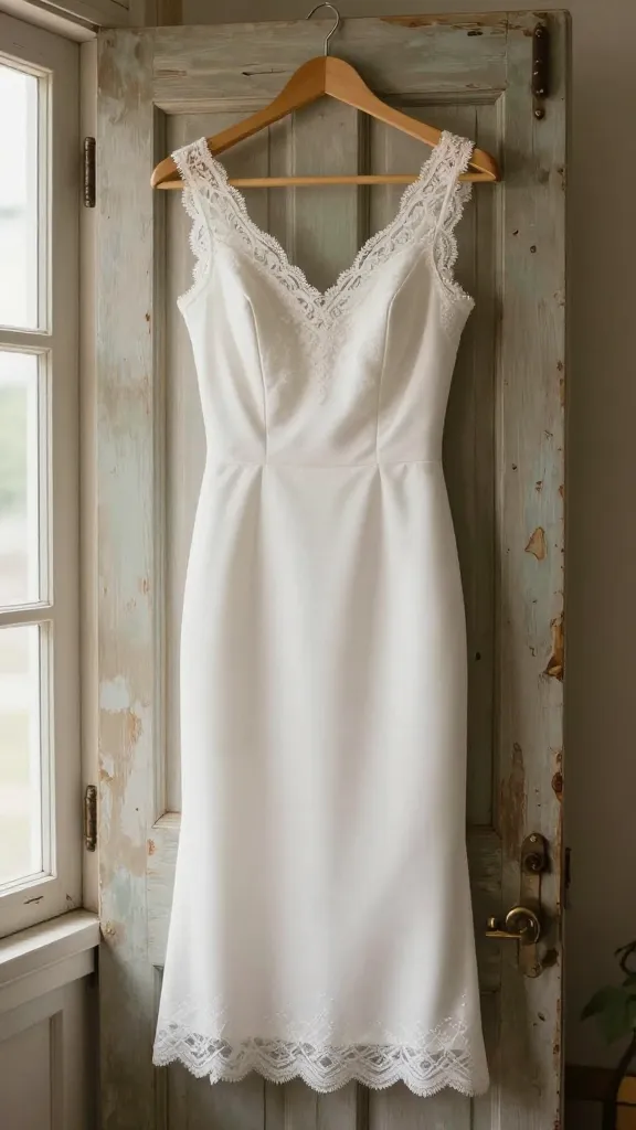 A stylish elopement dress on a hanger against a rustic door or weathered wall, showcasing a lace edge, slim silhouette, and a glimpse of a symbolic charm stitched into the hem, natural window light.
