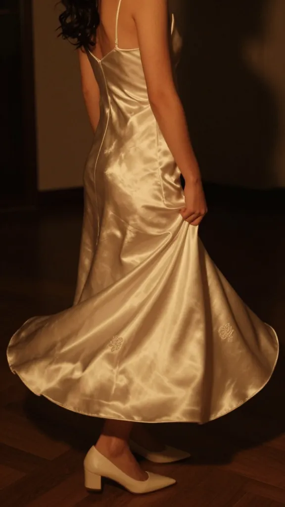 A night-time elopement indoors with warm tungsten lighting, satin slip dress reflecting glow, a small embroidered motif on the hem visible as the bride twirls, shadows creating a romantic mood.