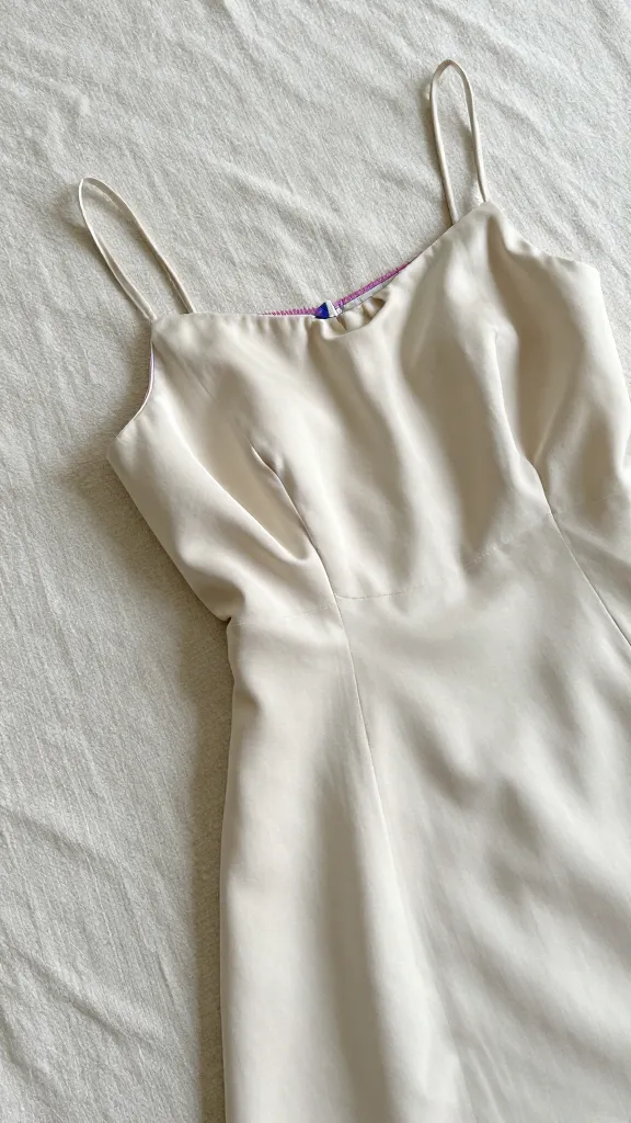 A close-up still life of a simple, elegant dress laid out on a linen backdrop, highlighting texture differences between satin, linen, and crepe, with a hidden color lining peeking from a seam, and a soft, natural color palette.
