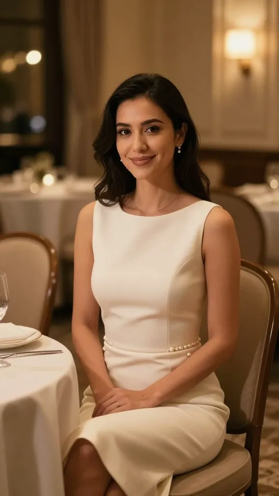 An elegant indoor venue with warm amber lighting, a guest in a timeless ivory sheath dress with subtle pearl accents, seated at a table with neutral décor, gentle smile, natural makeup, and a poised posture.