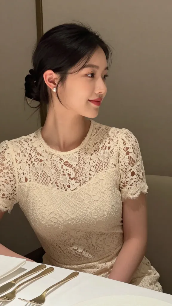 An intimate indoor dining setting: guest in a soft ivory lace dress with delicate texture, pearl earrings, soft updo, near a table with muted gold accents, serene smile, camera-ready posture.