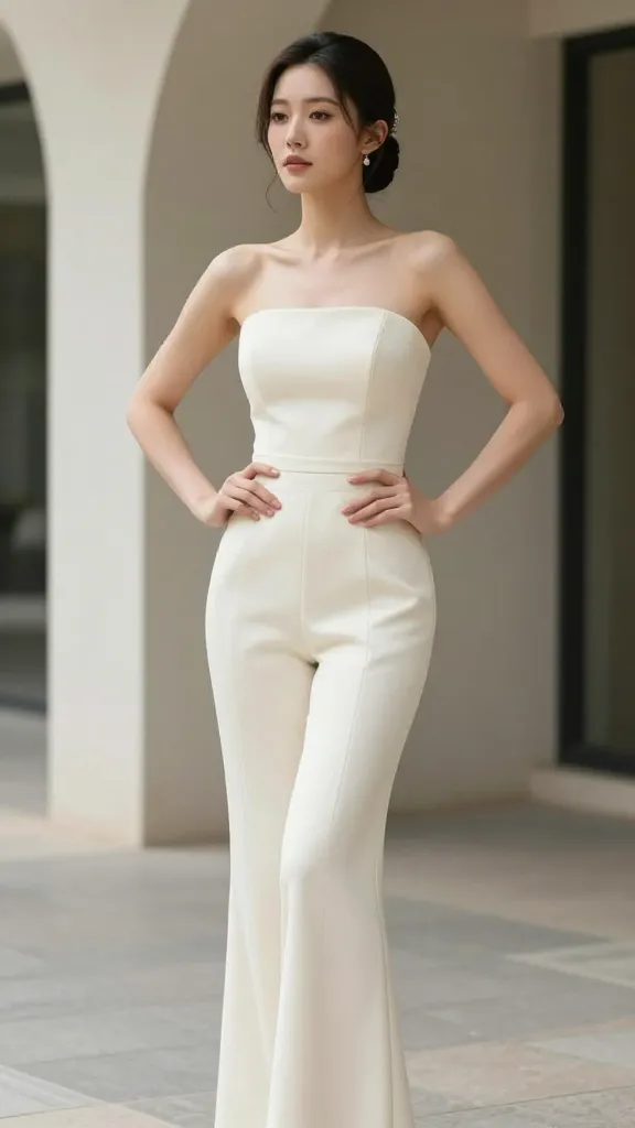 A bride in a sleek ivory jumpsuit with a tailored silhouette, standing against a modern architectural backdrop, hands on hips, soft natural lighting, camera-ready pose for post-ceremony moment.