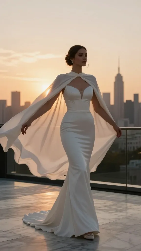 A bride in a dramatic cape over a form-fitting sheath dress, posing on a marble terrace with city skyline at sunset, cape flowing slightly as she sways to music.