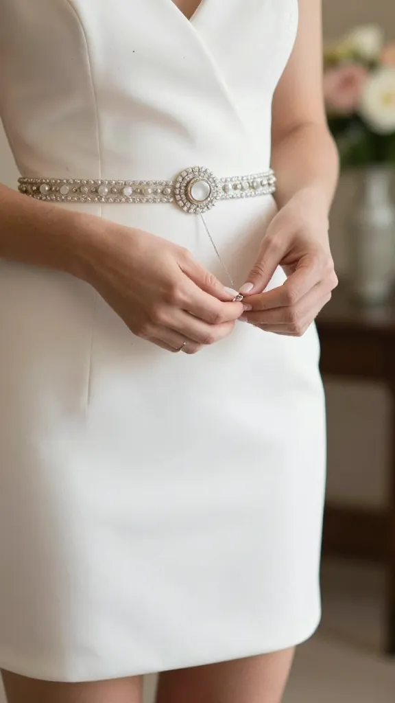 A close-up shot of a bride’s midsection showing a chic belt and subtle sparkle on a short dress, hands adjusting a delicate accessory, soft focus on bouquet in the background.