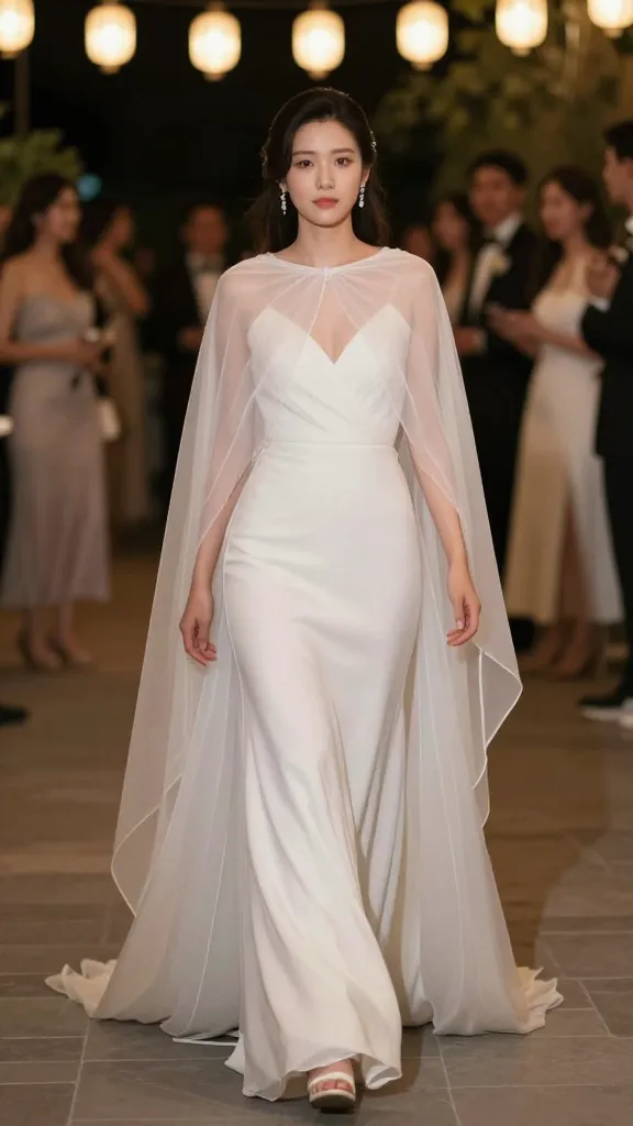 A bride wearing a lightweight, translucent cape draped over a party-ready gown, walking along a lantern-lit path, guests blurred in the background, capturing movement.