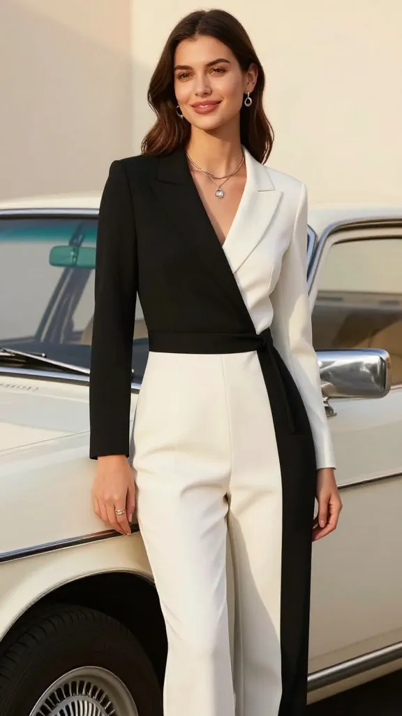A stylish ensemble of a tailored black-and-white jumpsuit with minimalist jewelry, standing beside a vintage car, confident smile, warm golden-hour light.