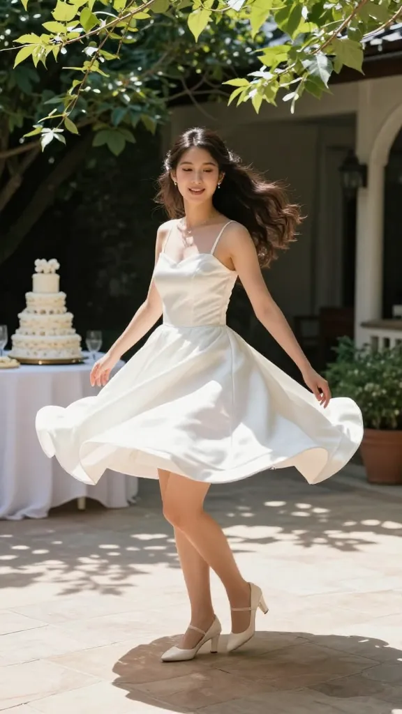 A candid moment of a bride spinning in a short satin dress on a sunlit terrace, ruffles in motion, cake table and greenery framing the scene.