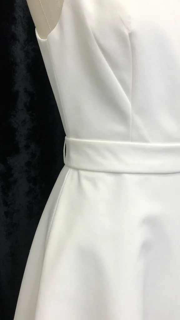 Close-up of a white reception dress fabric detail, showcasing a refined silhouette with delicate satin lining, a hint of shimmer, and a minimalist belt, against a dark velvet backdrop to emphasize contrast.