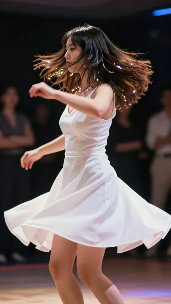 A candid dance-floor moment: a woman in a modern white cocktail dress spinning under bright spotlights, reflections of metallic accessories catching the glow, captured with motion blur for energy.