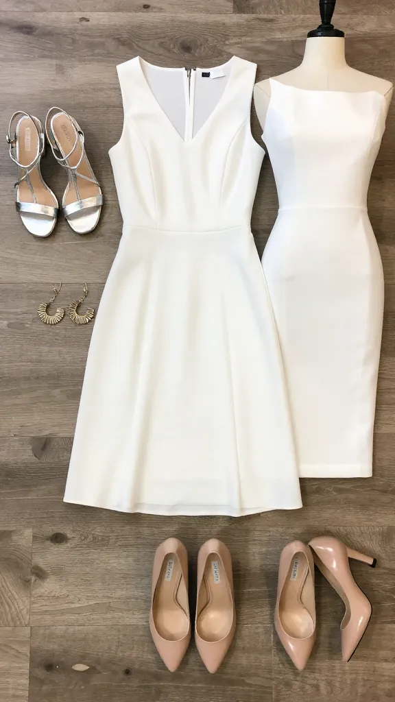 Versatile styling scene: three outfits displayed on mannequins or flat lays—one with silver strappy sandals, one with nude pumps, one with statement jewelry; all featuring a little white dress in different lengths.