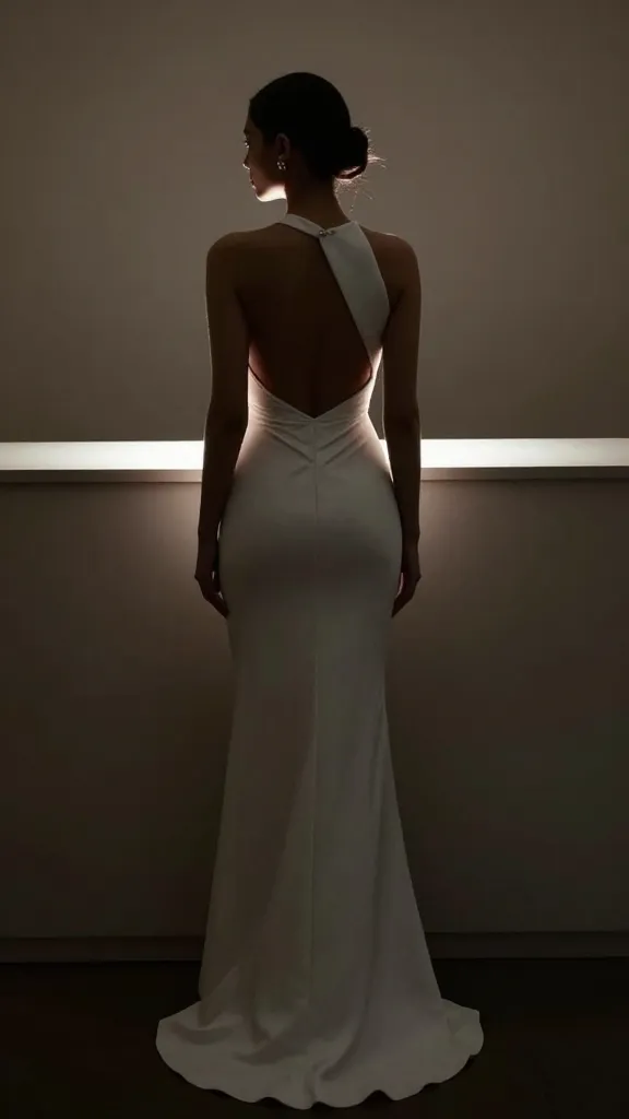 Photogenic silhouette shot: a woman in a white reception dress with a dramatic back cut or slight train, standing against a dim, moody backdrop with gentle backlighting to emphasize the dress’s modern, fearless vibe.