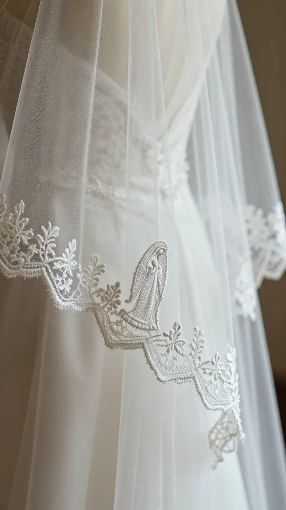 A close-up of a sheer wedding veil with whisper-thin lace edging featuring a delicate, small Virgin Mary silhouette embroidered subtly along the trim, backlit to emphasize soft texture and elegance.