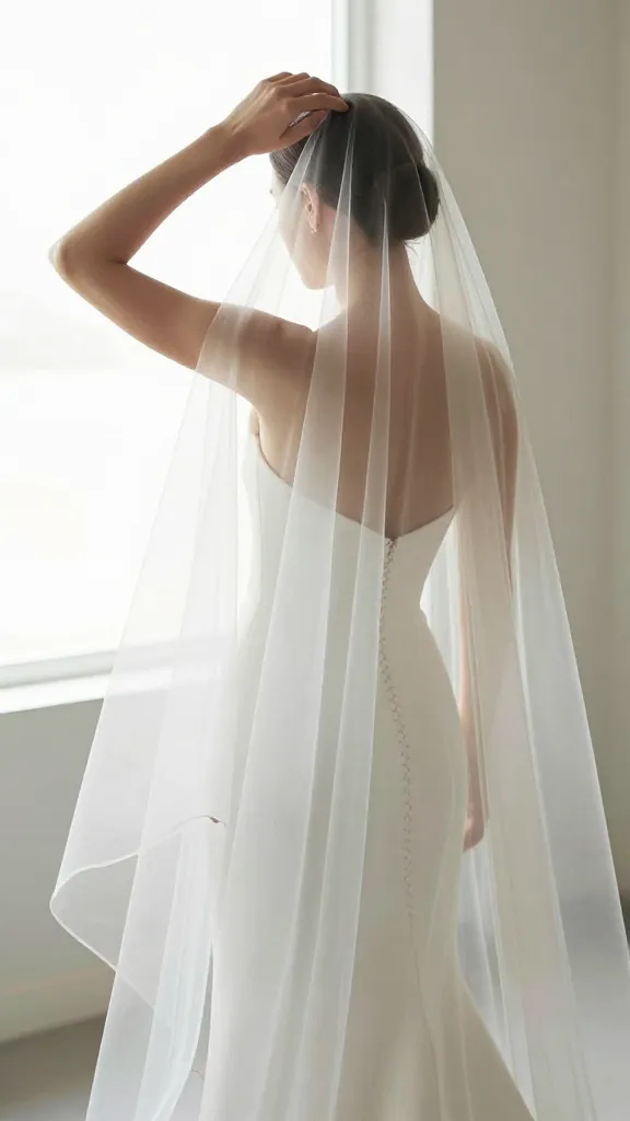A bridal styling scene in a sunlit room: a bride in a minimal, modern gown adjusting a cathedral-length veil with faint, tone-on-tone Marian motifs tucked along the comb area, no visible text or branding.