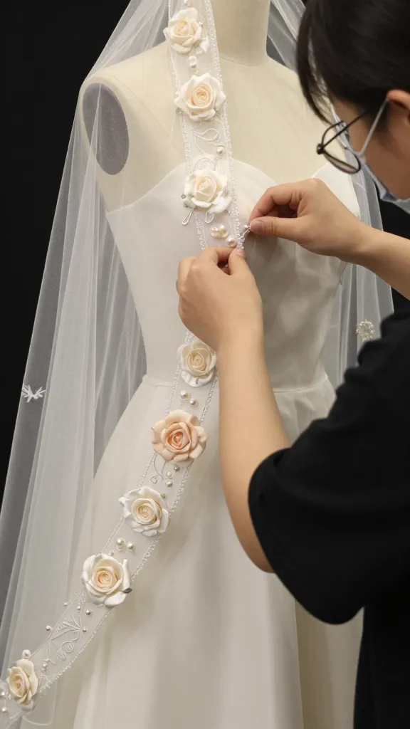 A backstage prep moment: hands adjusting a fingertip veil on a dress form, with a barely-there Mary motif embroidered along the outer edge, surrounded by pale roses, pearls, and soft fabric textures.
