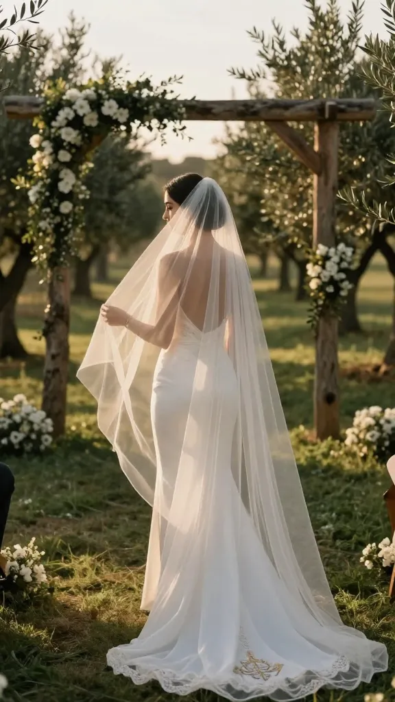 A romantic outdoor ceremony setting at golden hour: bride wearing a slim veil with a subtle Marian crest near the hem, gently catching the breeze against a backdrop of olive trees and a rustic arch.