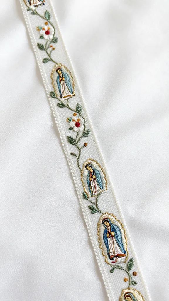 A detailed macro shot of veil embroidery: tiny, elegant Virgin Mary icon integrated into a looping floral vine along the veil’s edge, photographed against a white satin background to show fine stitching.