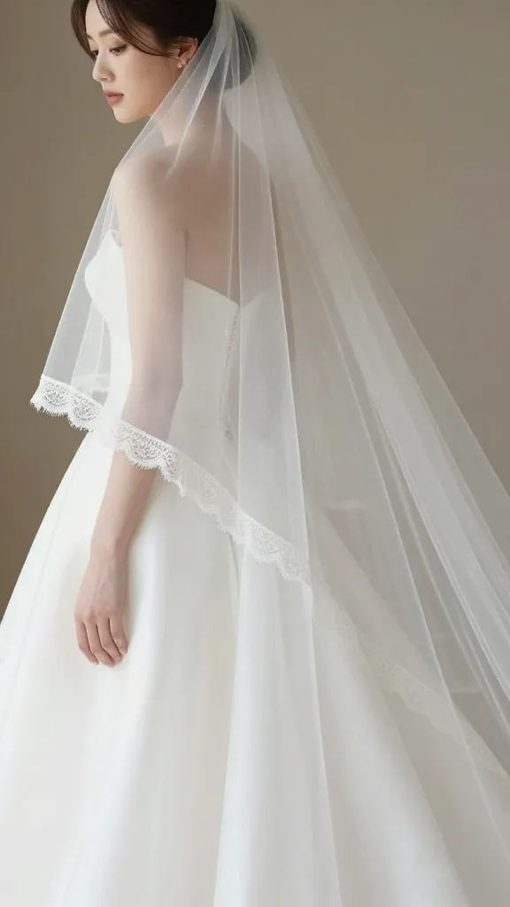 A side view of a bride’s veil cascading over her gown, with a discreet Marian symbol woven into a narrow eyelash lace border, paired with natural makeup and soft, airy textures.