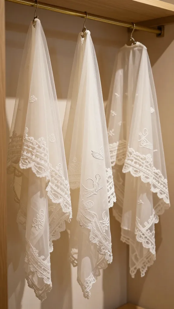 A cozy boutique display: several veils hanging with subtle Mary motifs in low-contrast embroidery, arranged with neutral props and warm lighting to convey tasteful reverence without bold imagery.