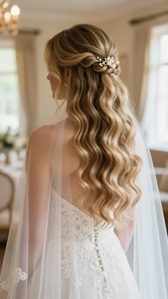 A bride with soft, loose beachy waves, subtle volume at the crown, floral hair pins tucked into the waves, standing in a sunlit ballroom with warm natural light and airy tulle veil.