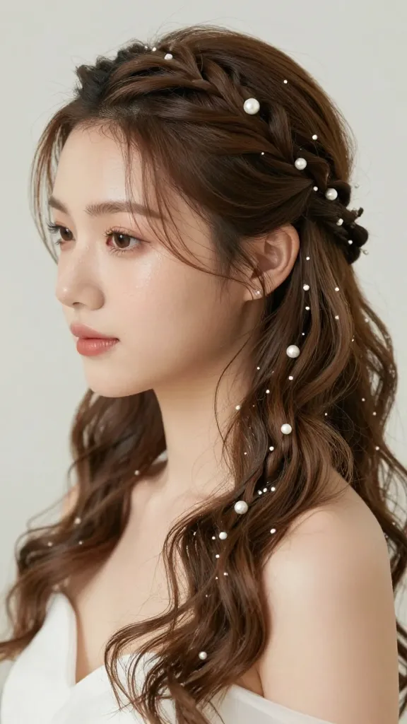 Close-up portrait of a dreamy bridal hairstyle featuring delicate side braids woven into loose waves, tiny pearl accents along the braid, and a soft, dewy makeup look.