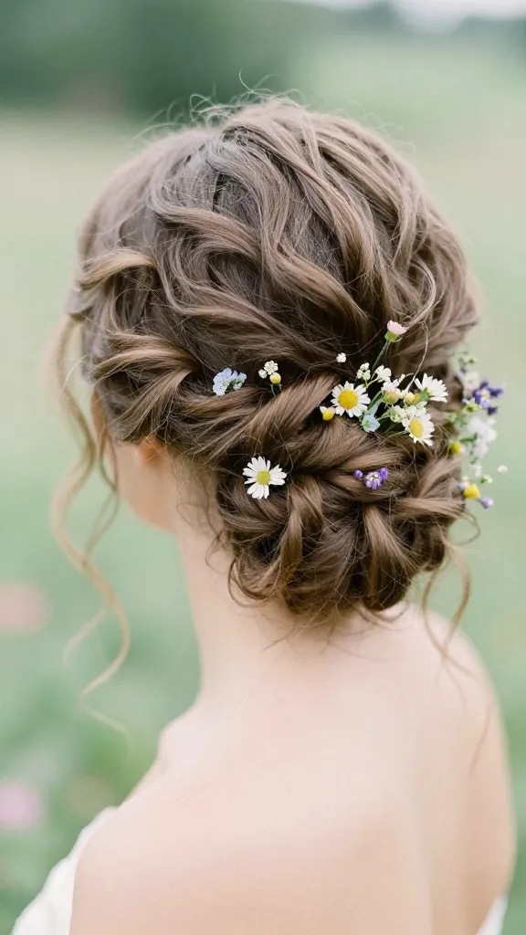 Romantic updo with wispy tendrils framing the face, a low chignon base, sprinkled with small fresh wildflowers, photographed against a soft pastel outdoor garden backdrop.