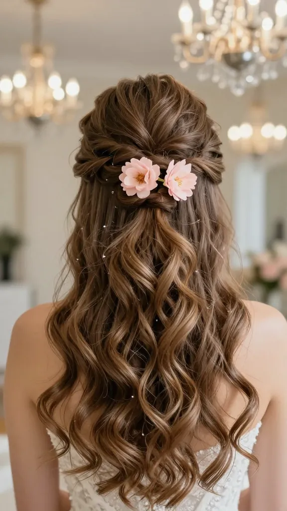 Half-up, half-down hairstyle with gentle waves, a delicate twisted knot at the crown, and a cluster of blush-pink blossoms tucked above the ear, indoors with chandeliers in the background.