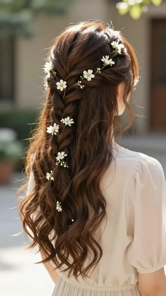 Dreamy braided hairstyle featuring a loose, cascading waterfall braid integrated into flowing waves, accented with tiny white florals, set in a sunlit courtyard.