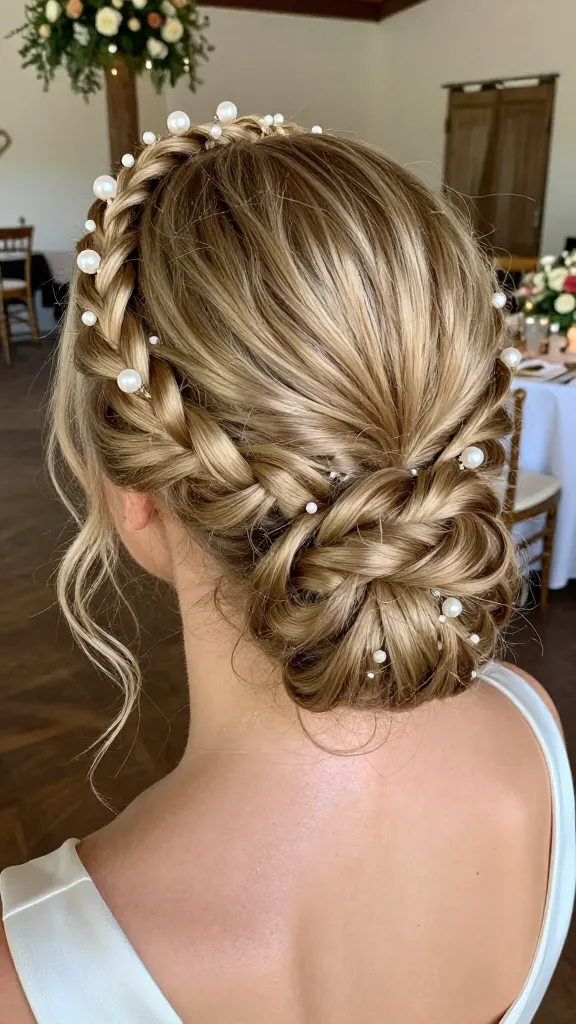 Soft, textured braids forming a halo crown around a low bun, with dewy makeup and pearl pins catching the light, against a rustic chic reception décor setting.