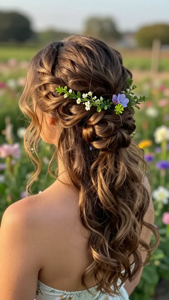 Garden-inspired half-up updo with a loose, textured bun at the nape, interwoven small blooms and greenery, delicate hair mist for shine, photographed in a blooming flower garden at golden hour.