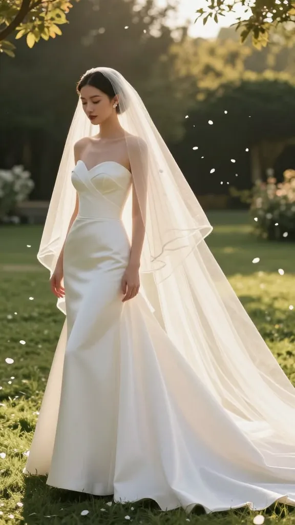 A bride wearing a strapless sweetheart neckline gown with a dramatically long, flowing cathedral veil, standing in a sunlit outdoor garden as petals swirl around, soft golden hour light catching the veil’s edge.