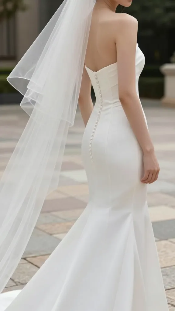 Close-up shot of a strapless mermaid silhouette dress with a long veil trailing behind on a stone terrace, breeze lifting the veil, focus on the shoulder line and delicate fabric textures.