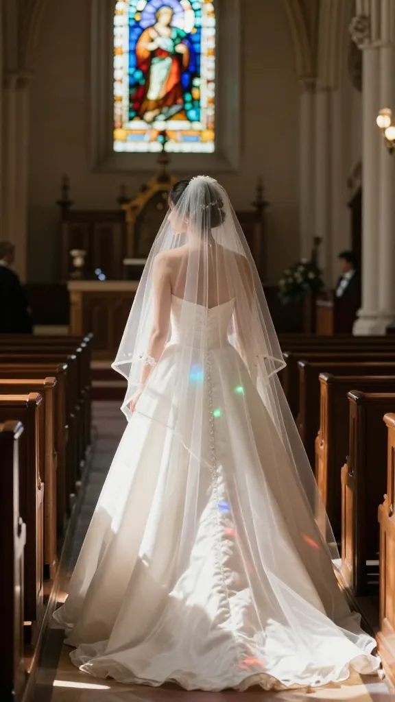 Full-body image of a bride in a classic A-line strapless dress with a floor-long veil, walking along a sunlit church aisle interior, light filtering through stained glass creating colorful reflections on the veil.
