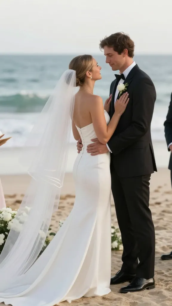 Outdoor beach ceremony scene: strapless straight-across neckline gown with a long veil, the veil catching the sea breeze as the couple shares a moment at the altar, soft waves in the background.
