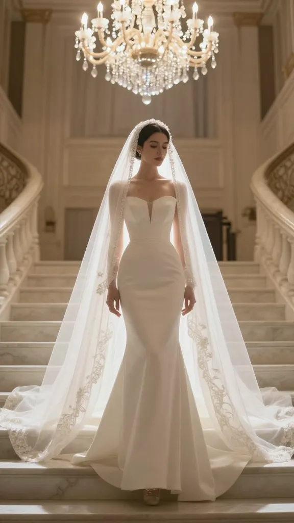 Evocative portrait: bride in a strapless gown with a subtle dip neckline and a long veil, standing on a marble staircase with cascading light from chandeliers, veil creating a halo-like glow.