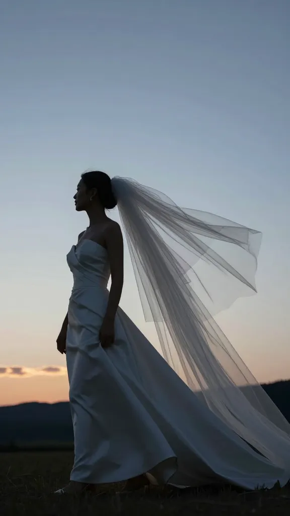 Wind-filled moment: strapless dress with a dramatic long veil billowing behind the bride against a twilight sky at an outdoor venue, silhouettes and movement emphasized.
