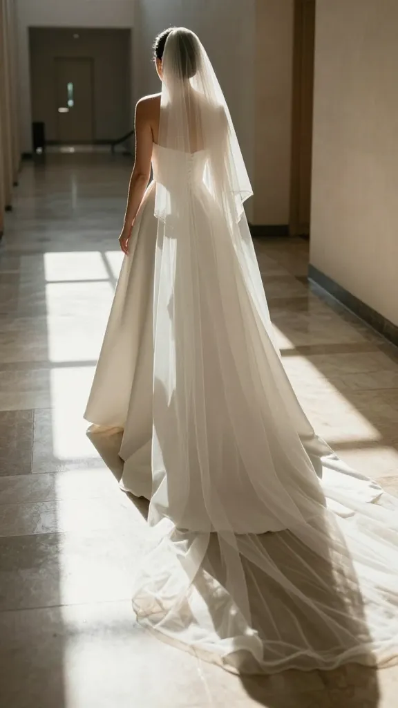 Intimate indoor scene: bride in a strapless dress with an A-line silhouette walking along a sun-dappled corridor, long veil trailing across polished floors, reflections from overhead skylights.