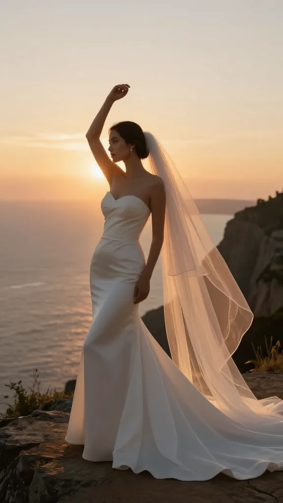 Sunset photoshoot: strapless gown (mermaid or A-line depending on vibe) with a floor-length veil, bride striking a graceful pose at the edge of a cliff or overlook, warm amber light outlining the veil.
